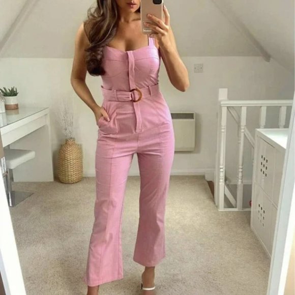 ZARA Pink Fitted Corset Cropped Flare Leg Jumpsuit with Belt - Picture 1 of 6